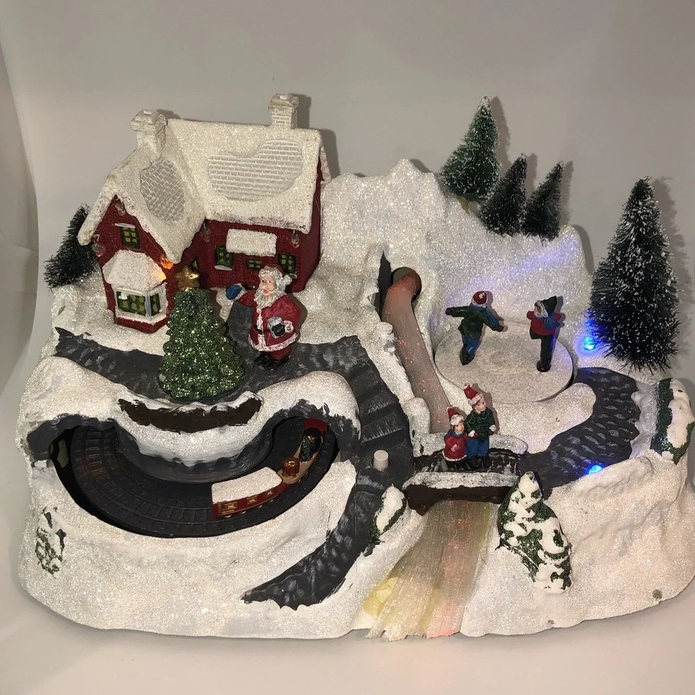 WORKING Holiday Christmas LED Fiber Optic Village Train Skaters Santa Bridge